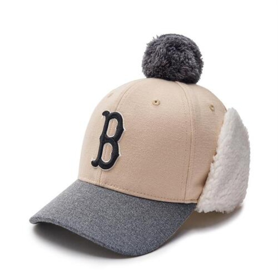 Kids MLB korea Winter Hats | [Kids] Melton Wool Pompom Fleece Ear Flap Cap Boston Red Sox